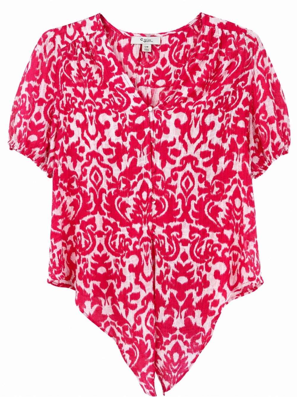 C By One Pink Ikat Blouse • Women’s Large • Short Sleeve High Low Top • Boho